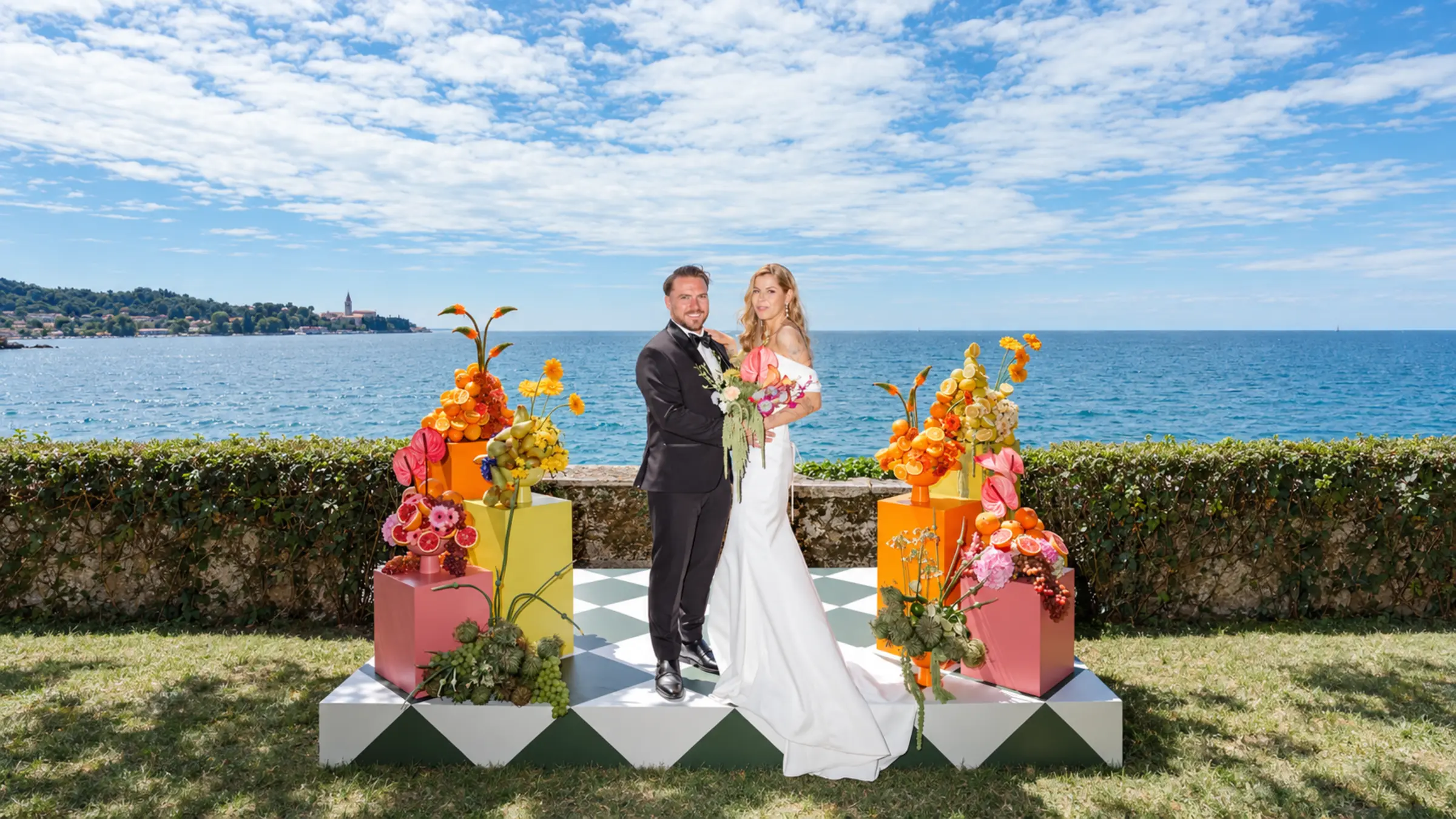 Colour-led wedding design at Vila Tartini in Strunjan, Slovenia